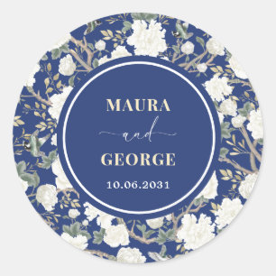 Sticker Rond Marine Blue White Chinoiserie Floral Birds Mariage