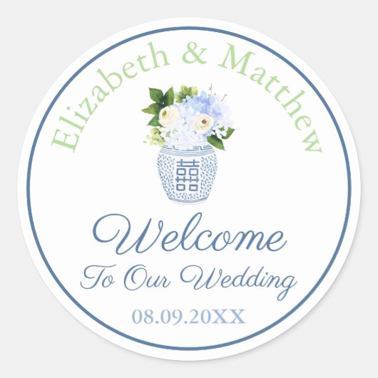 Sticker Rond Marine & Chartreuse Chinoiserie Chic Mariage Bienv (Devant)