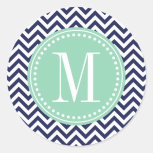 Sticker Rond Marine Chevron Zigzag Monogramme personnalisé