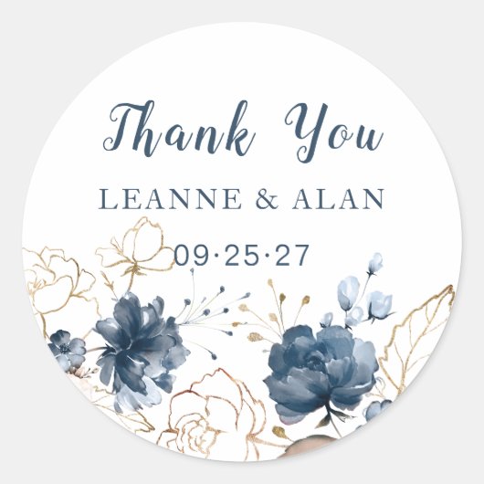 Sticker Rond Marine florale bleu & or, Mariage (Devant)