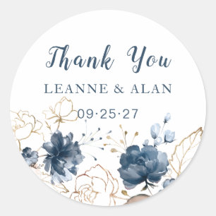 Sticker Rond Marine florale bleu & or, Mariage