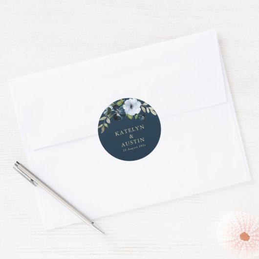 Sticker Rond marine florale et mariage or (Enveloppe)