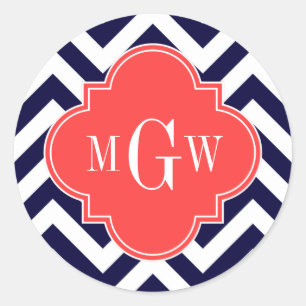Sticker Rond Marine Lg Chevron Coral Red Quatrefoil 3 Monogramm