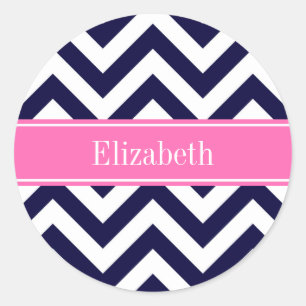Sticker Rond Marine Lg Chevron HotPink2 Quatrefoil Nom Monogram