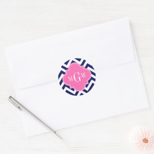 Sticker Rond Marine Lg Chevron Rose Chaud #2 Quatrefoil 3 Monog