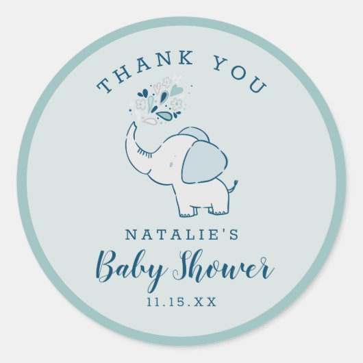 Sticker Rond Marine & Mint Cute Elephant Baby shower Merci (Devant)