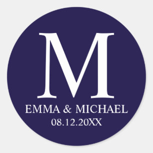 Sticker Rond Marine Nautique Bleu Élégant Monogramme Mariage Fa