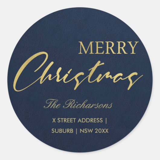 STICKER ROND MARINE OR CALLIGRAPHIE MERRY NOËL ADRESSE (Devant)