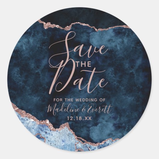 Sticker Rond Marine Rose Gold Agate Marbre Enregistrer la date (Devant)