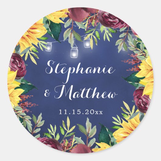 Sticker Rond Marine Sunflower Mason Jars Lights Floral Mariage (Devant)