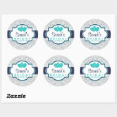 Sticker Rond Marine, Turquoise, Gris Damask Fête des mariées (Feuille)