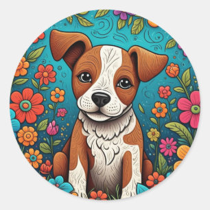 Sticker Rond Marionnette mignonne avec Fleurs d'Art folklorique