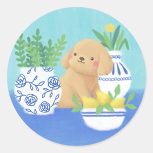 Sticker Rond Marionnette mignonne avec Plantes, citrons et fleu