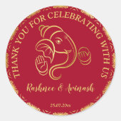 Sticker Rond Maroon mariage indien et or Ganesha merci (Devant)