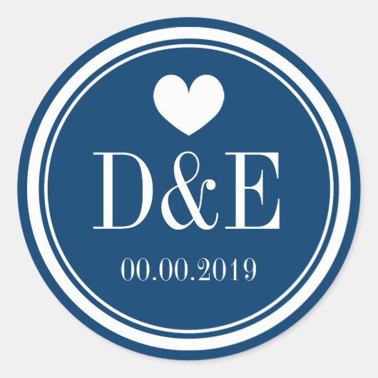 Sticker Rond Marque de mariage bleu et blanc monogramme marine (Devant)