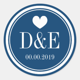 Sticker Rond Marque de mariage bleu et blanc monogramme marine