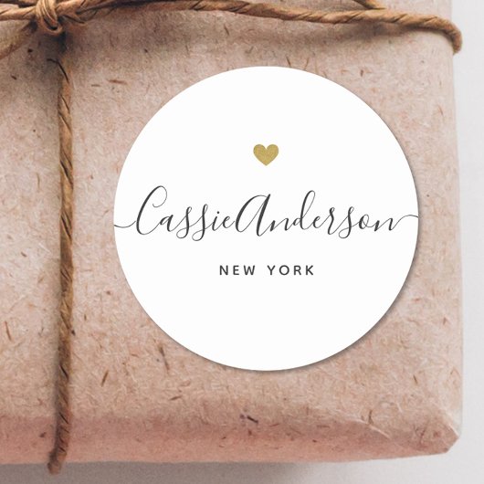 Sticker Rond Marque moderne Gold Heart Calligraphy Nom Blanc