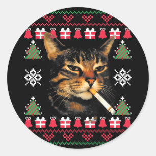 Sticker Rond Marrant Chat Fumeur Mème Sweat de Noël Moche Pour 