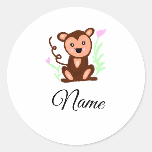 Sticker Rond marron aquarelle singe animal ajouter nom (Devant)