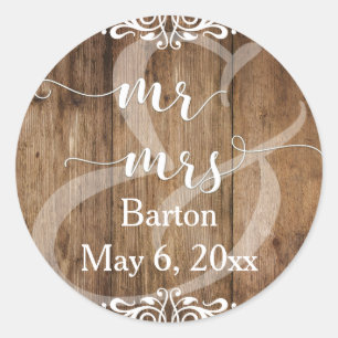 Sticker Rond Marron Bois Rustique avec Mr & Mrs à Rinceaux Ress