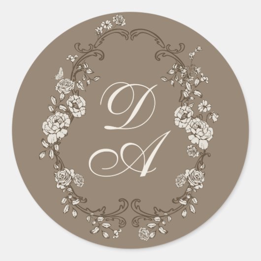 Sticker Rond Marron Floral Monogrammé (Devant)