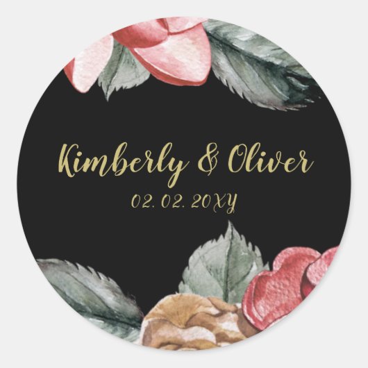 Sticker Rond Marsala Black Floral Faire-part de mariage (Devant)