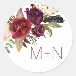 Sticker Rond Marsala Boho monogramme mariage enveloppe sceau 41