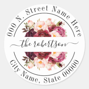 Sticker Rond Marsala burgudy floral boho chic adresse de retour