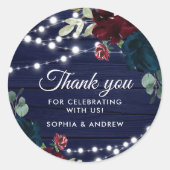 Sticker Rond Marsala en bois rustique & Fleurs bleues de marine (Devant)