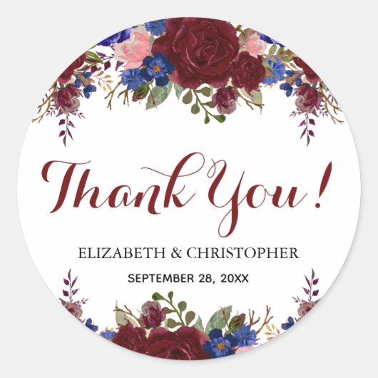 Sticker Rond Marsala Marine Mariage Floral Merci (Devant)