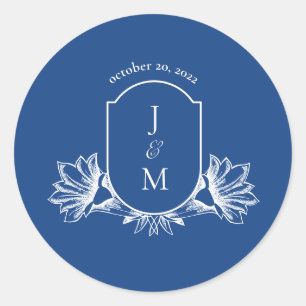 Sticker Rond Marseille Bleu Floral Mariage Monogram Crest