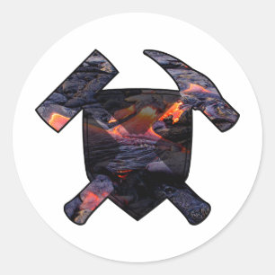 Sticker Rond Marteau de roche et logo de flux de lave du géolog