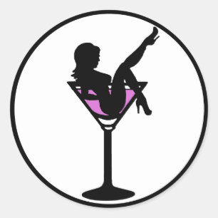 Sticker Rond Martini fille noir blanc violet silhouette autocol