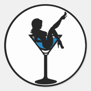 Sticker Rond Martini verre fille silhouette bleu boisson sticke