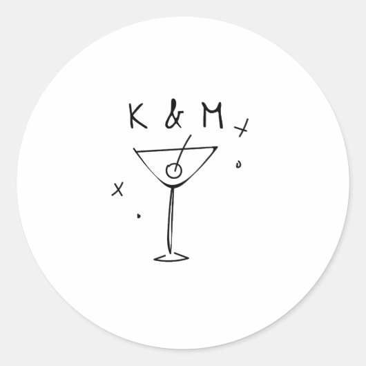 Sticker Rond Martini Whimsical Rétro Main Tirée Initiales Perso (Devant)