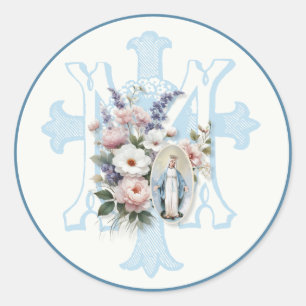 Sticker Rond Mary Floral Monogramme Marian Cross Religieux