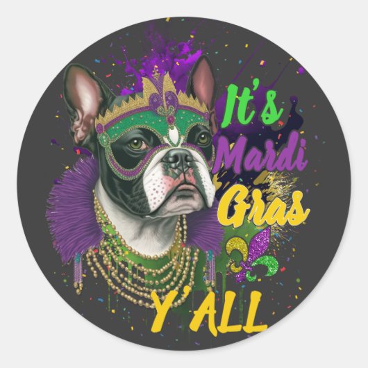 Sticker Rond Mascarade du carnaval de Boston Terrier Mardi Gras (Devant)