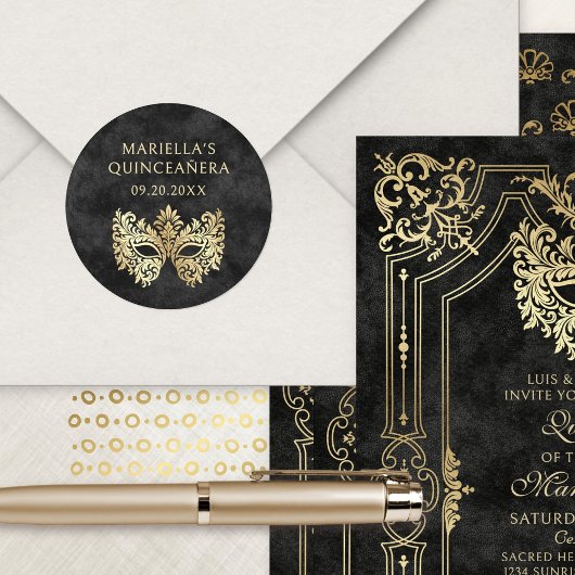 Sticker Rond Mascarade noire Mascarade Masque élégant Quinceane