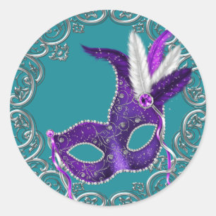 Sticker Rond Mascarade turquoise bleue et violette