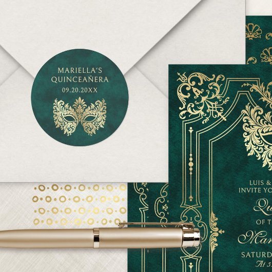 Sticker Rond Mascarade verte Masque élégant Quinceanera