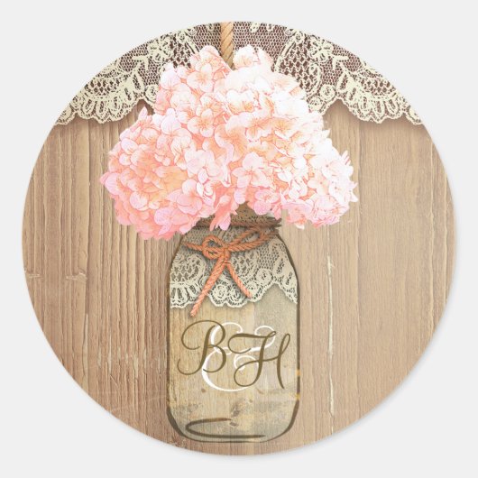 Sticker Rond Mason Jar rose Hydrangea Floral Russe Mariage (Devant)