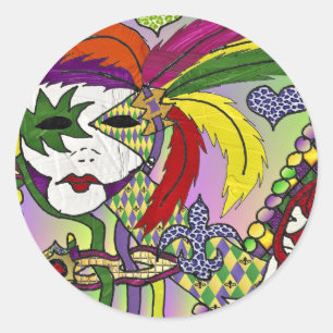Sticker Rond Masque à plumes de Mardi Gras psychédélique