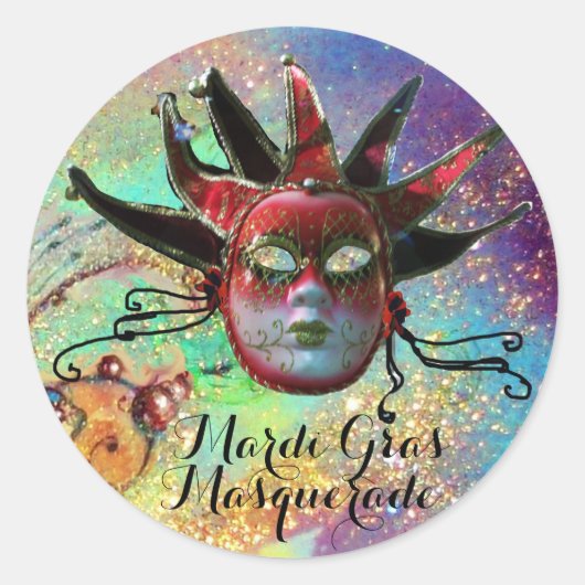 Sticker Rond MASQUE DE JESTER NOIR ET ROUGE À LA FÊTE Mascarade (Devant)