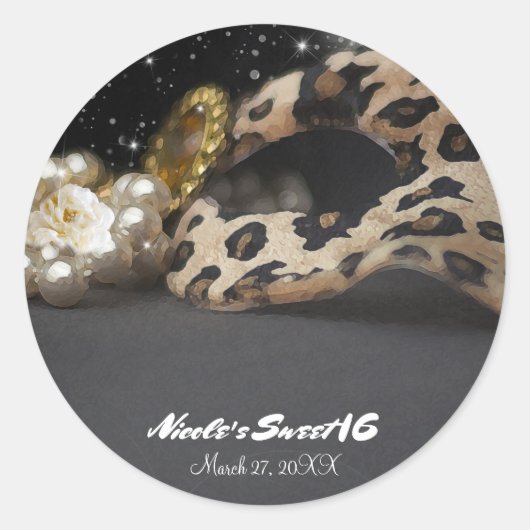Sticker Rond Masque de mascarade léopard et collier de perles, (Devant)