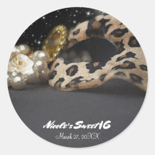Sticker Rond Masque de mascarade léopard et collier de perles p