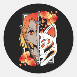 Sticker Rond Masque Japonais Anime Girl Samurai Fleurs d'épée
