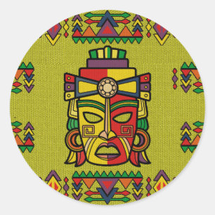 Sticker Rond Masque maya d'Inca aztèque coloré