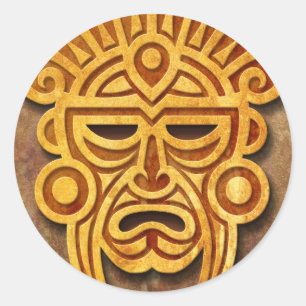Sticker Rond Masque maya en pierre, plein