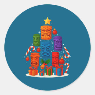 Sticker Rond Masque Tiki Luau Arbre de Noël Hawaïen Chapeau Xma