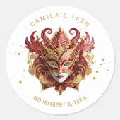 Sticker Rond Masquerade Motif Sweet 16 Rouge Or ID1032 (Devant)